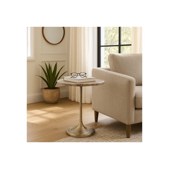 Elegant Marble End Table for Bedroom Nightstand Decor - Decorative Small Side Table for Home Accent and Living Room Decor - Compact Drink Table for Bedside or Small Spaces - 21", Brown & Gold