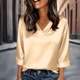 thumbnail image 2 of Women's Satin V Neck 3/4 Sleeve Blouse Business Casual Pure Outfits Silky Elegant Spring Autumn Top Beige XL, 2 of 6