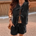thumbnail image 5 of Women Tie Front Top 2 Piece Outfit Denim Set Sleeveless Deep V Neck Vest Jean Elastic Waist Shorts Sets Black & Gray L, 5 of 9