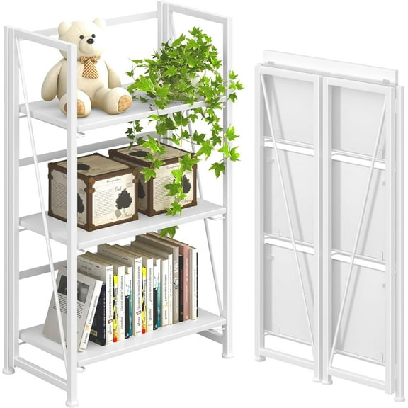 No Assembly Folding Bookshelf Storage Shelves 3 Tiers Vintage Bookcase Standing Racks Study Organizer Home Office