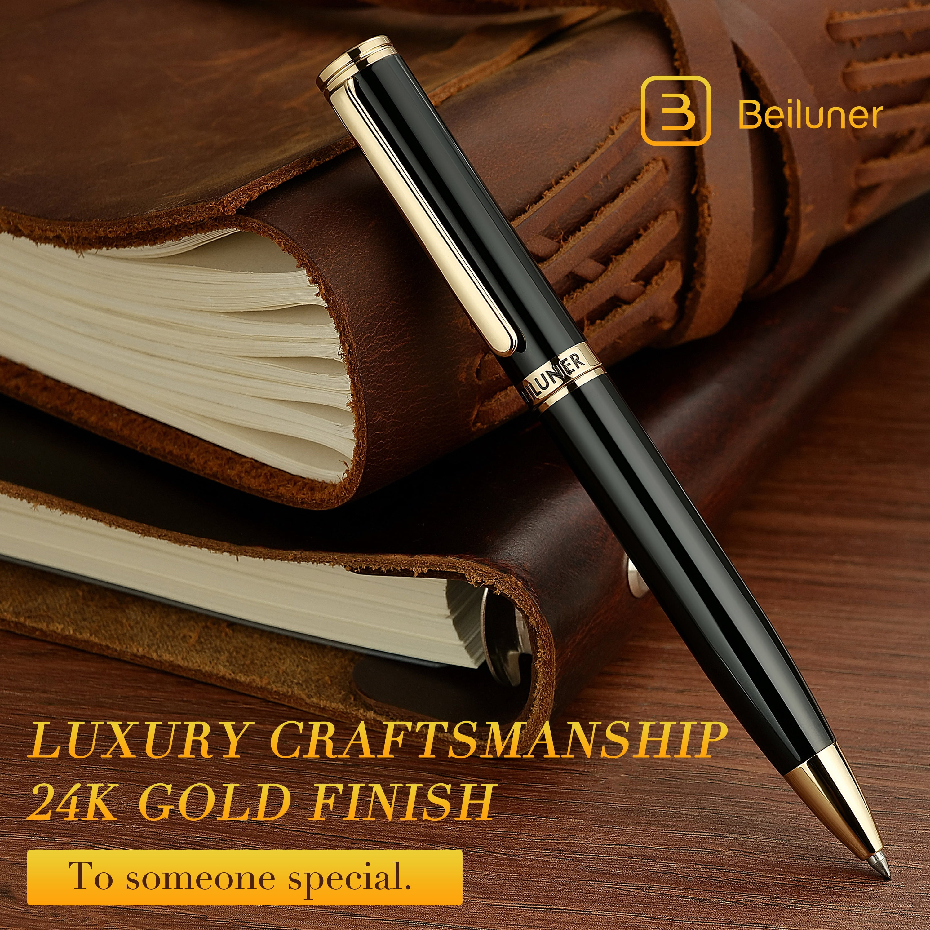 BEILUNER Black Gel Pens,Peerless Pen with 24K Gold Trim,The Exquisite Product Detail, Fancy Leather Box- Pen Gift Set for Men & Women-Executive, Office, Nice Designer Pens