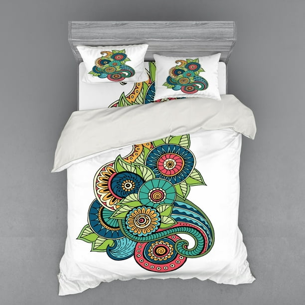 Doodle Duvet Cover Set Floral Zentangle Pattern With Vibrant Colors Paisley Doodle Colorful Bedding Set With Shams And Fitted Sheet 3 Sizes By Ambesonne Walmart Com Walmart Com