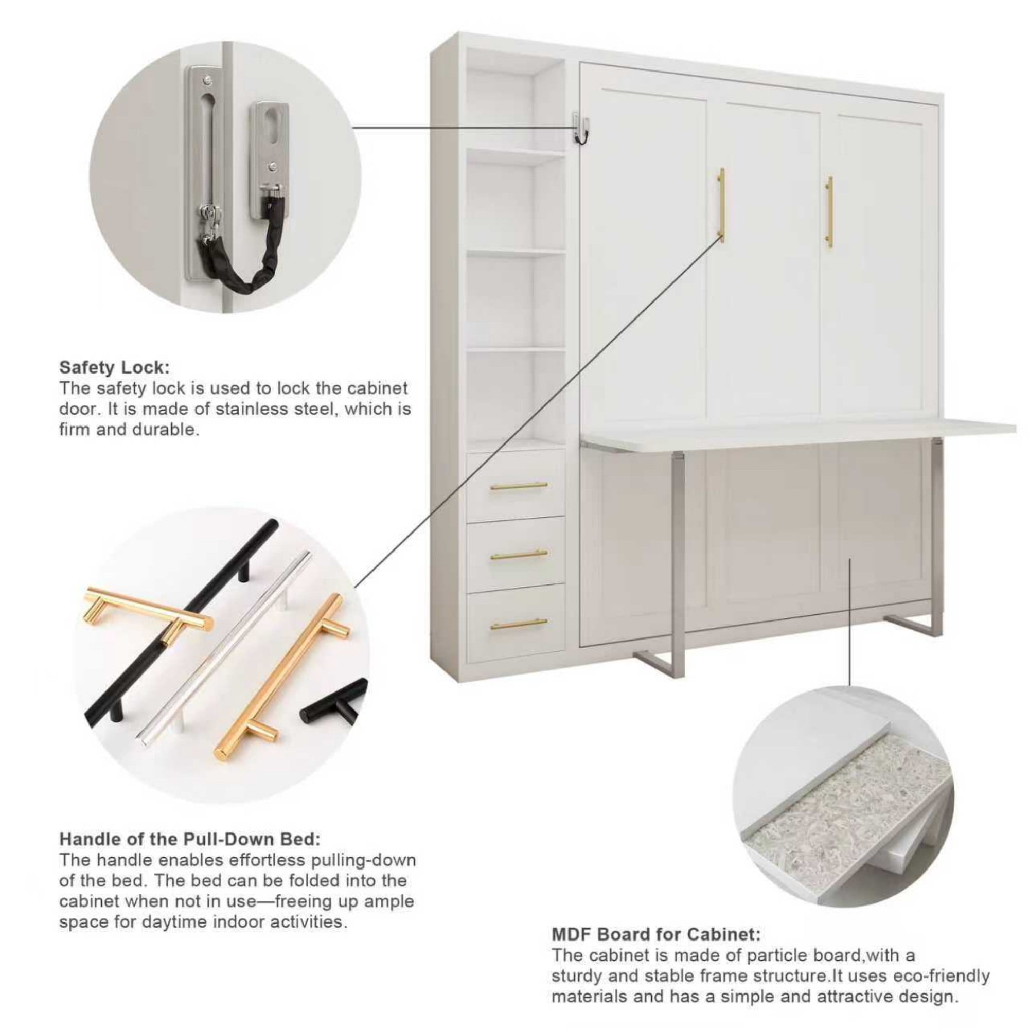 Queen Size Murphy Wall Bed with Desk and Side Cabinet, Foldable Wall Bed with Automatic Leg and Hydraulic System, Space-Saving Cabinet Bed for Home Office, Bedroom, White