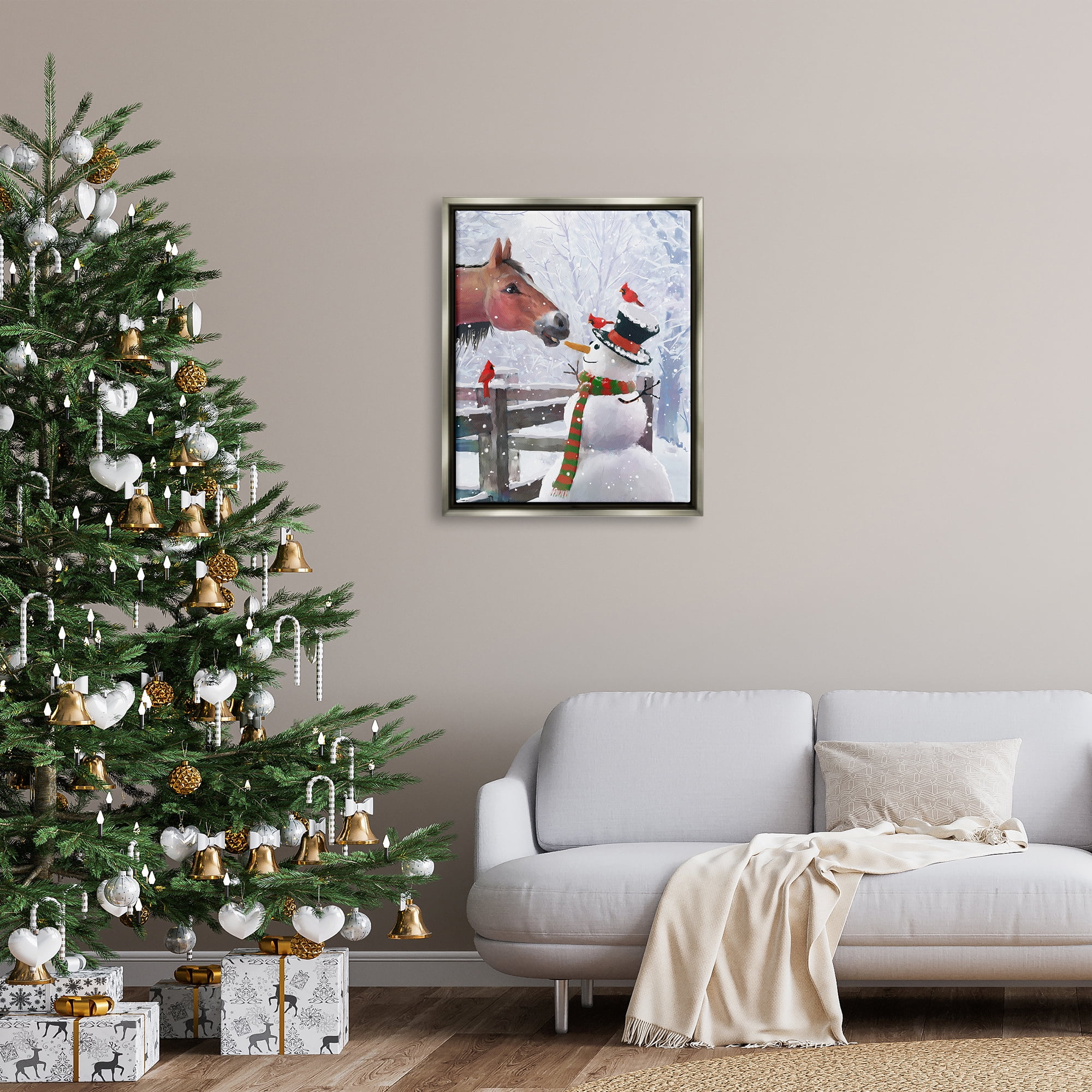 Stupell Industries Horse Eating Snowman Carrot Scene Holiday Painting Gray Floater Framed Art Print Wall Art