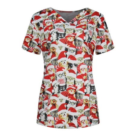 

Women Scrub_Top Working Uniform Blouse Short Sleeve V-Neck Workwear T-Shirt with Pocket Comfy Tops XXXL