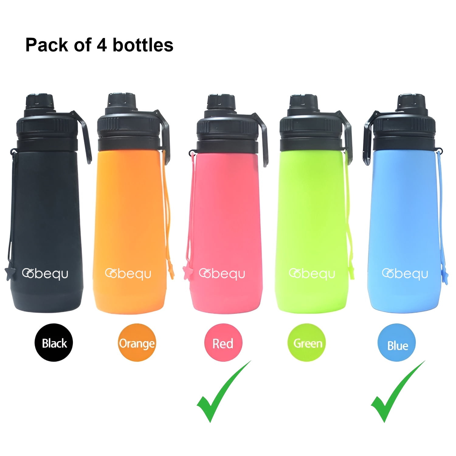 BEQU 750ml/25 Fl Oz Foldable Silicone Water Bottle, Reusable, BPA Free, Dishwasher-Safe, Sports bottle for Travel Gym Camping Hiking, Portable, Leak Proof (4PK MC3)