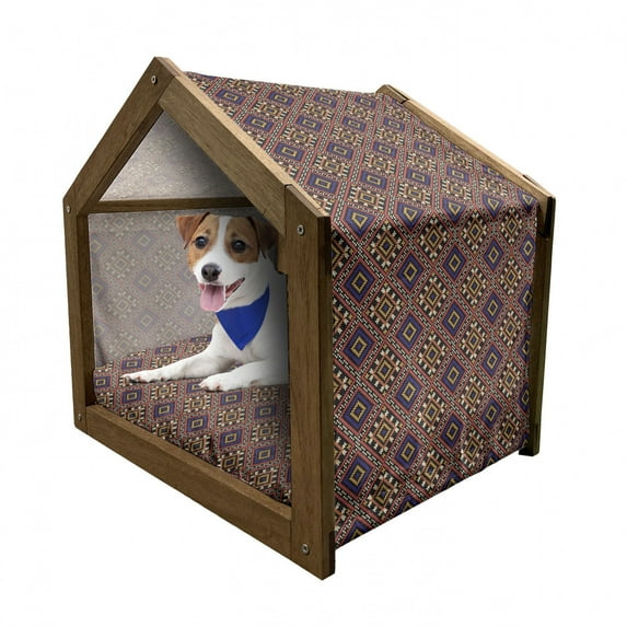 Ukrainian Pet House, Traditional Design Cultural Ornament Pattern Vintage Geometrical, Outdoor & Indoor Portable Dog Kennel with Pillow and Cover, 5 Sizes, Multicolor, by Ambesonne
