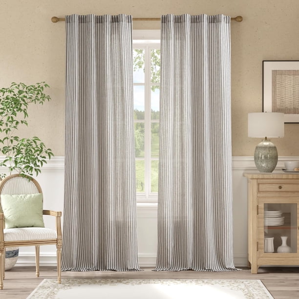 Cortinas Jinchan Lino Gris Carbón sobre Beige 2 Paneles 244 cm
