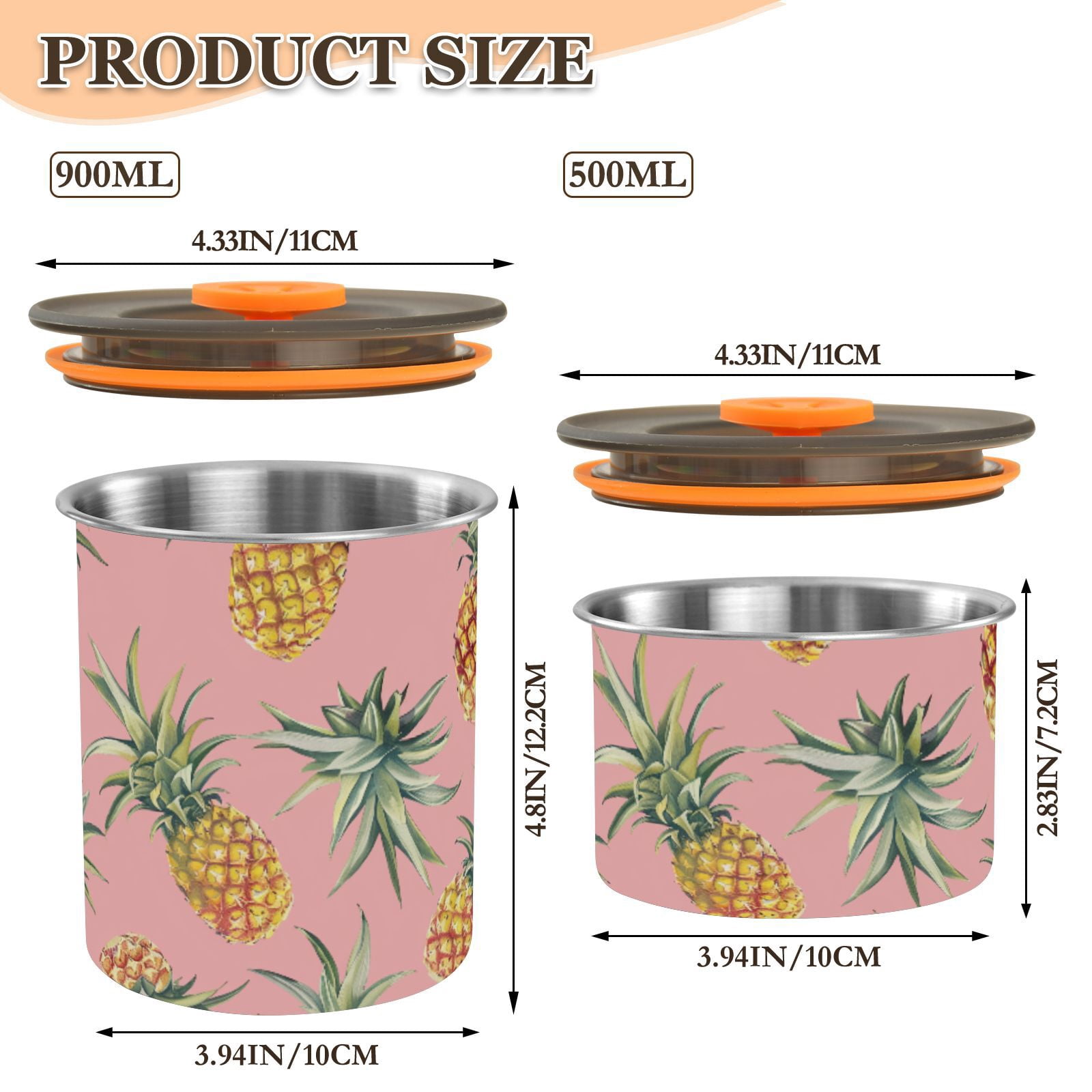 Pineapple Pink Airtight Coffee Bean Canister 30oz Food Storage Containers with Lids For Gournd, Tea, Sugar, Flour, Rice, Cereal, Candy Cookie Jar