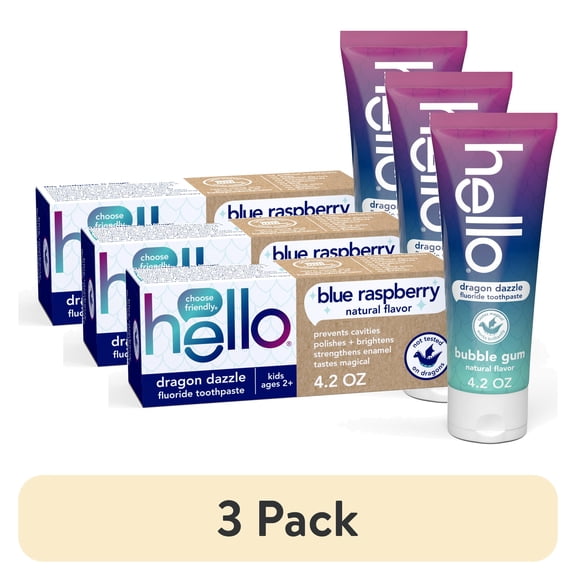 (3 pack) hello Dragon Dazzle Kids Toothpaste with Fluoride, Blue Raspberry Toothpaste, 4.2 Oz Tube