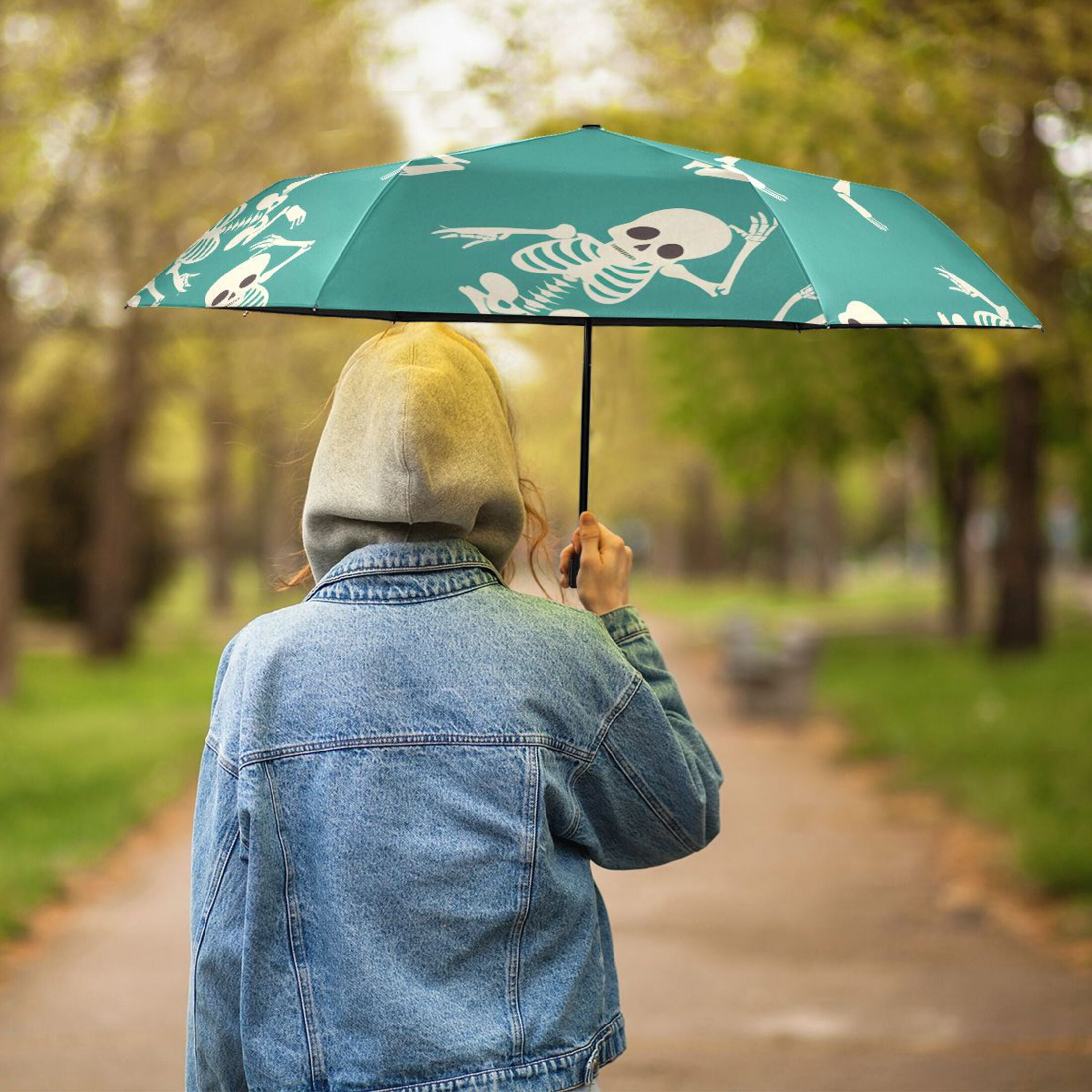 ALAZA Skeleton Dancing Skull UPF 50+ Compact Folding Umbrella for Rain Travel Umbrella Packable