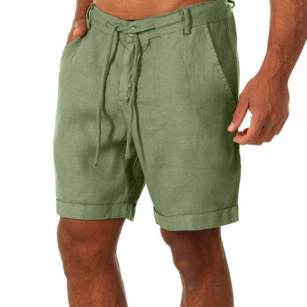 Pantalones de Lino de los Hombres Pantalones Cortos de Playa Ligeros Color Sólido, Cordón Frontal Plano Recto