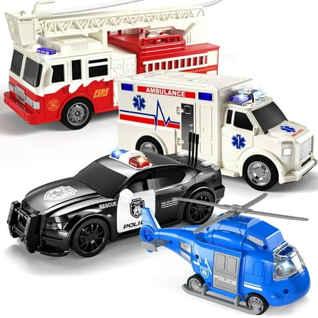 4 Pack Emergency Vehicle Toys for Kids 3 4 5 6 7 8 Years Old, Helicopter, Police Car, Fire Truck, Ambulance Friction Powered Toys for Toddlers, Gifts for Age 3-12 Boys Girls