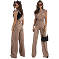 thumbnail image 3 of Women'S Round Neck Pleated Sleeveless Casual Suit,Sleeveless Crewneck Vest Wide Leg Pantsuit Business Sets with Pocket Khaki XXL, 3 of 7