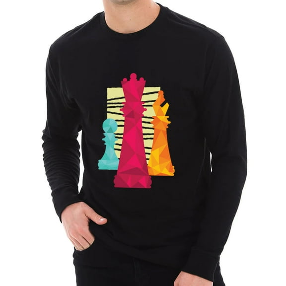 Big Size Chess Pieces with Textured Background Graphic Long Sleeve Crewneck Tee - Black XL