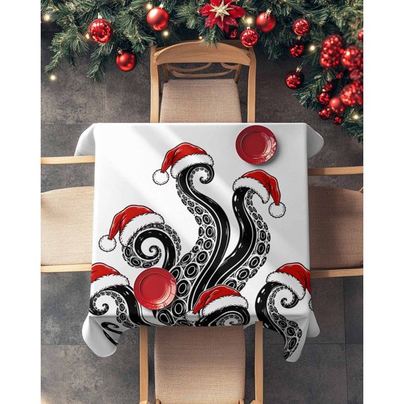 Waterproof Tablecloth Abstract Octopus Festive Whimsy Square Table Cloth 60x60in,Wipeable Washable Table Cover Red Christmas Hat Tablecloths for Dining Tables Kitchen Picnic Camping Outdoor Party