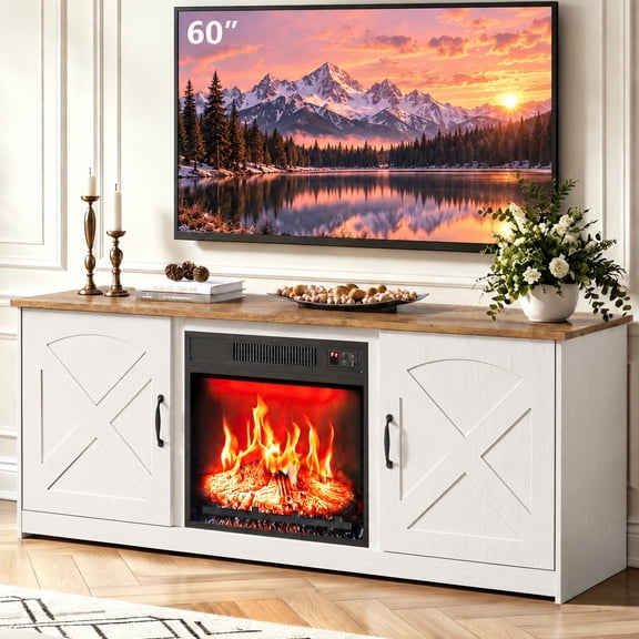 Ktaxon 55" Farmhouse TV Stand with Fireplace Heater, Mid-Century Wood Entertainment Center with 18" Electric Fireplace Mantel for up to 60" TVs, White & Brown
