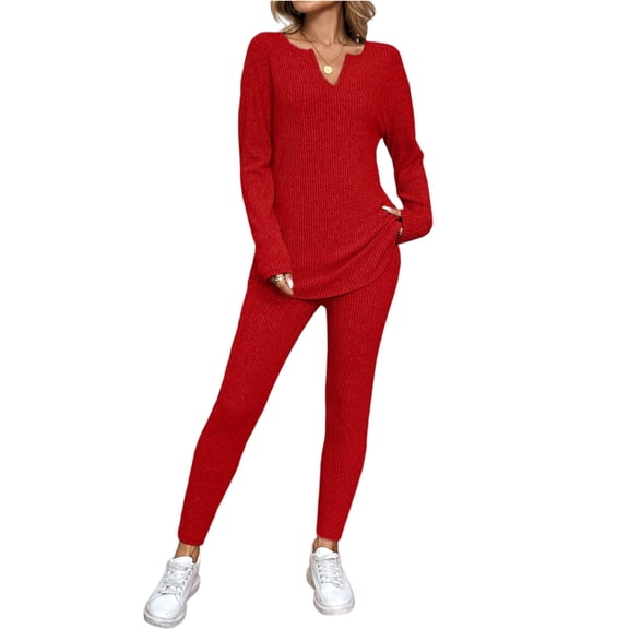 CharmCyan Women's 2 Piece Outfits Sets Ruched Long Sleeve Tops Wide Leg Pants Tracksuit Sets Red L