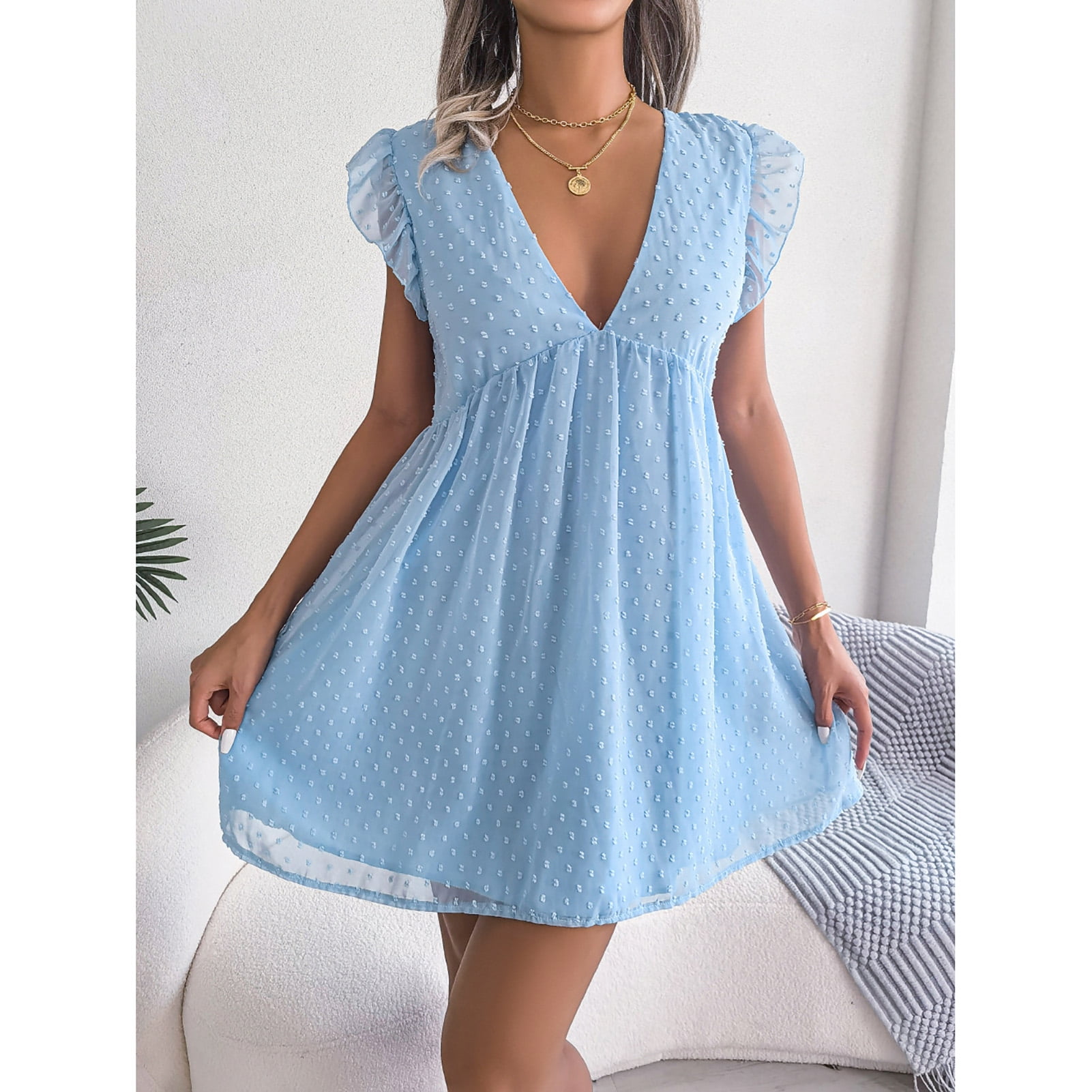 Dress Loose Hem Lightweight Polka Dots Dress For Wedding For Holiday Sky Blue S Walmart