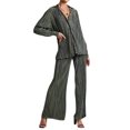 thumbnail image 1 of VISgogo - Conjunto de pantalones para mujer, blusa fruncida de manga larga con cuello en V y cuello de solapa + pantalones elásticos de longitud completa VISgogo moda, 1 of 9