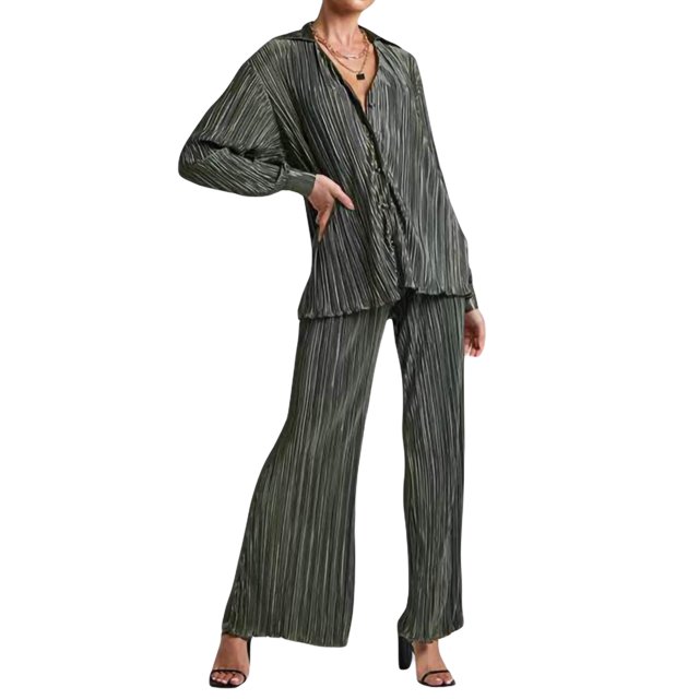 VISgogo - Conjunto de pantalones para mujer, blusa fruncida de manga larga con cuello en V y cuello de solapa + pantalones elásticos de longitud completa VISgogo moda