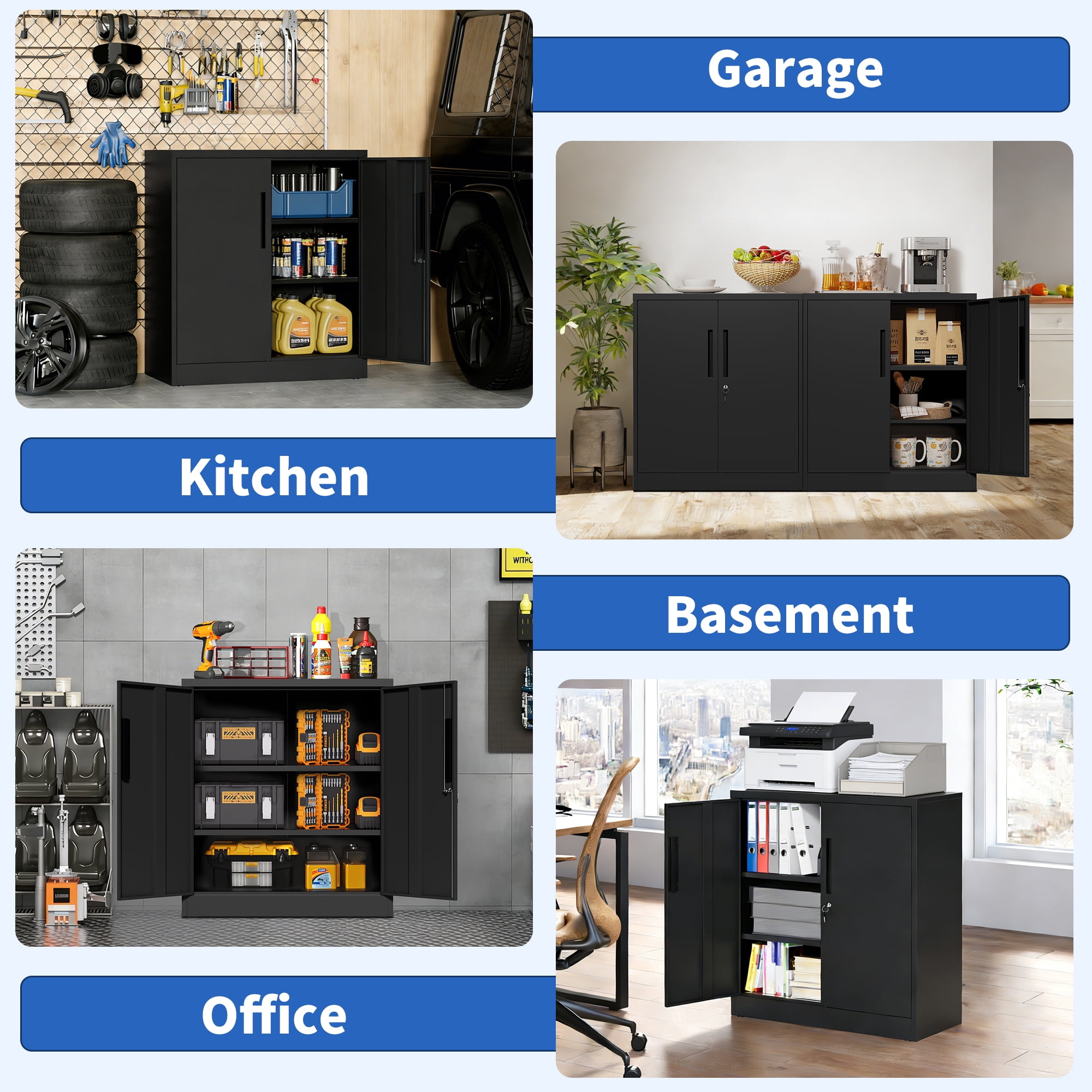 Metal Storage Cabinet with Lock, 2-Door Garage Storage Cabinet with 2 Adjustable Shelves, Heavy Duty Steel File Cabinet for Home, Office, Garage, School (Black, 35.4"H)