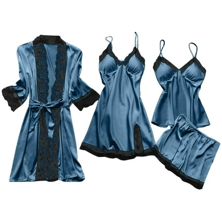 Odeerbi Satin Pajama Sets for Women 5 PCS Soft Sleepwear Floral Loungewear Cute Nightgown with Kimono Robe Cami Shorts Set Lingerie Silk Lace Robe Dress Nightdress Set Dark Blue