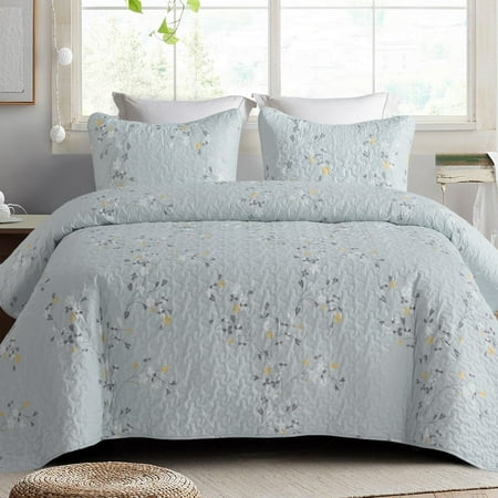 Exclusivo Mezcla Microfiber Queen Size Quilt Set 3 Pieces Lightweight Bedspreads/ Coverlet/ Bedding Set with 2 Pillow Shams Floral Pattern (96 x 92 Light Blue)