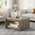 thumbnail image 3 of Coffee Table Farmhouse Coffee Table with Storage Rustic Wood Cocktail Table, Square Coffee Tables for Living Meeting Room with Half Open Storage Compartment, Grey Wash, 3 of 9