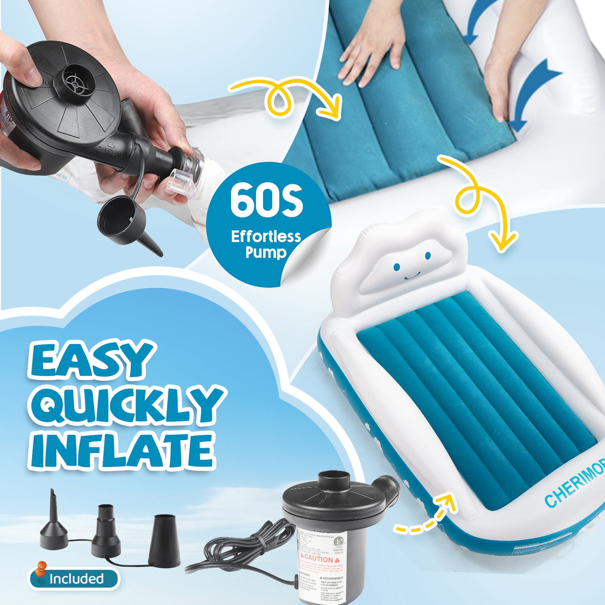 Inflatable Toddler Travel Bed Air Mattress with Safety Bumpers and Electric Pump - 330lb Capacity Portable Kids Bed - 40" x 63" Portable Blow Up Bed for Travel, Camping, Sleepovers