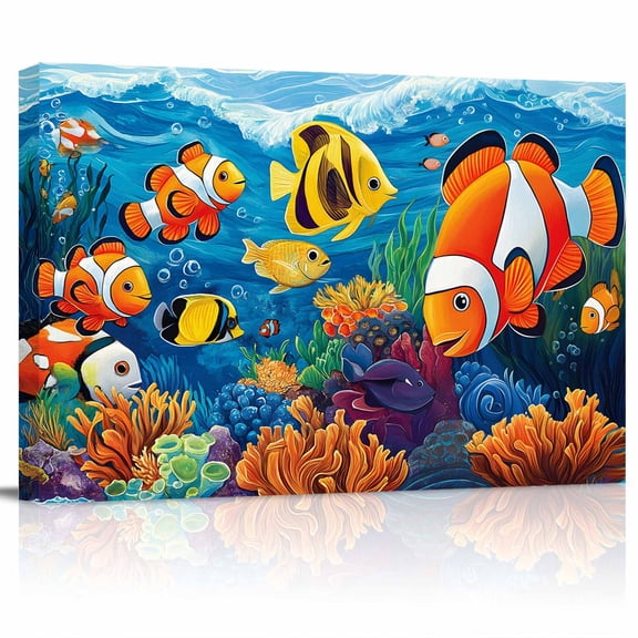 Ocean Tropical Canvas Print Wall Art Marine Life Colorful Fish Coral Seagrass Pictures Painting Morden Artwork for Living Room Bedroom, Ready to Hang - 12"x16"