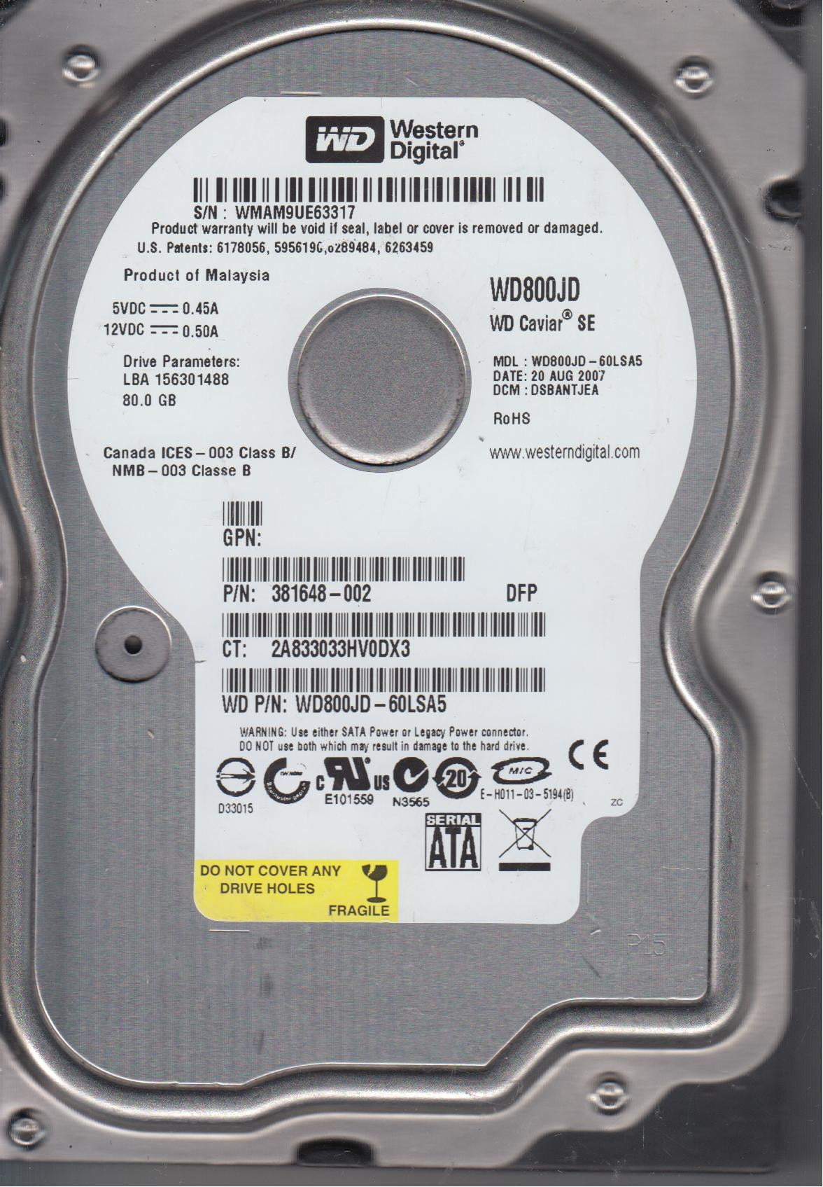 Disque Dur Western Digital WD800JD-60LSA5 - 80 Go - SATA - Neuf - Stock