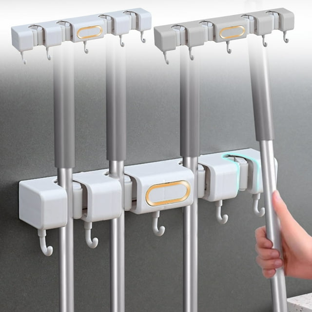 Wall Mounted Broom and Mop Organizer, Heavy Duty Storage Rack with 4 Adjustable Clamps, Plastic, for Kitchen Laundry Room Garage,Floral,YISHFHP,Gray