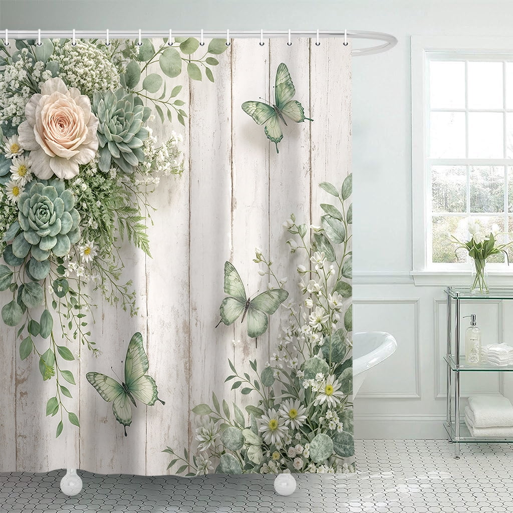 Sage Green Floral Shower Curtain - Farmhouse Rustic Rose Butterfly Bathroom Curtain Boho Botanical Waterproof Fabric Set with 12 Hooks,47X64in