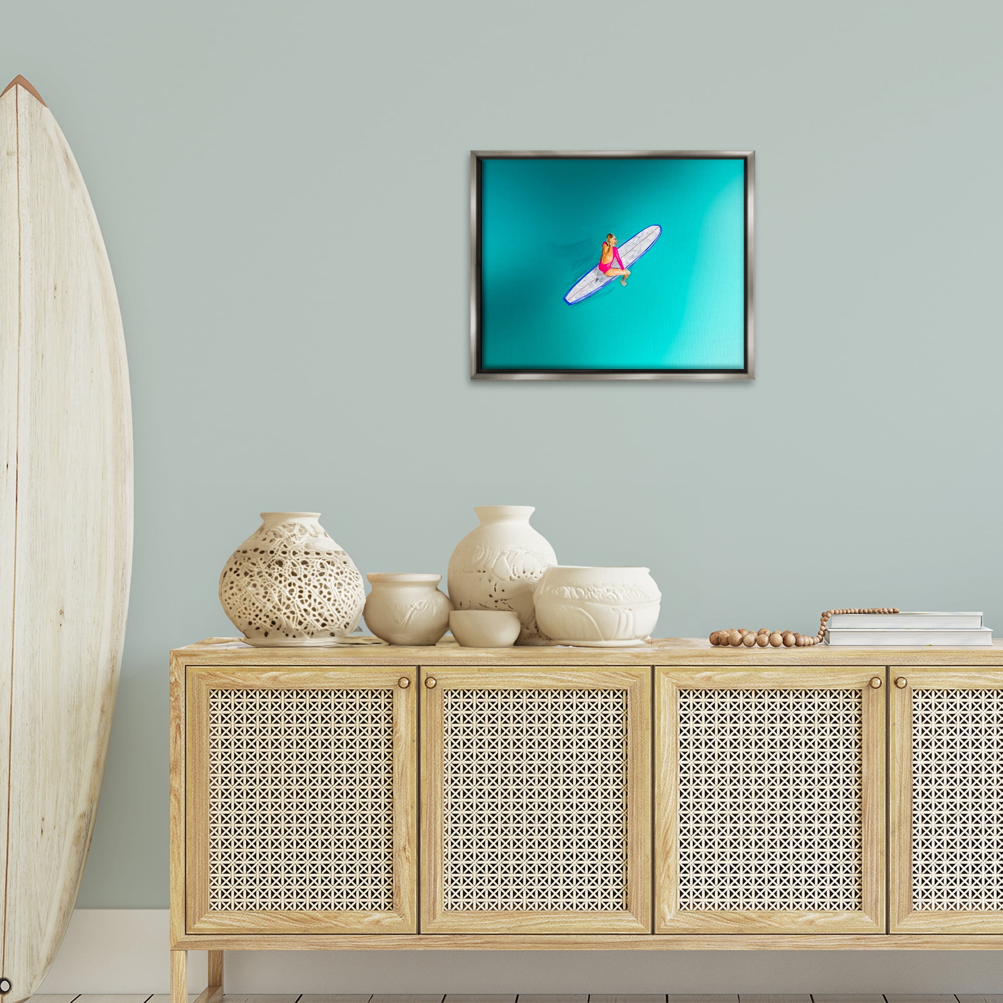 Stupell Industries Sitting on Peaceful Surfboard Nautical & Beach Painting Gray Floater Framed Canvas Art Print Wall Art, 21 x 17