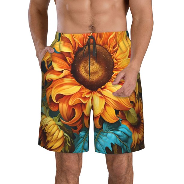 Balery Deep Yellow Colorful Sunflower Traje de Baño Estilo Hawaiano para Hombre, Shorts de Secado Rápido con Bolsillos-Medium