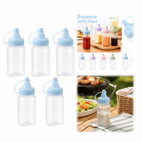 Mini Sauce Squeeze Bottles, Clear Plastic Condiment Containers with Leak Proof Lids for Travel Picnic BBQ Kitchen Sauce Oil Vinegar (Blue 5pcs)