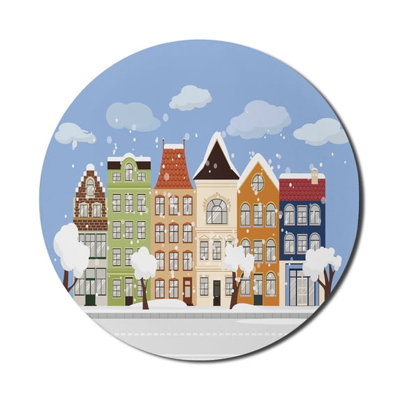 Amsterdam Mouse Pad for Computers, Winter Time Landscape with Dutch Buildings Snowing Outdoor Scene, Round Non-Slip Thick Rubber Modern Gaming Mousepad, 8" Round, Multicolor, by Ambesonne