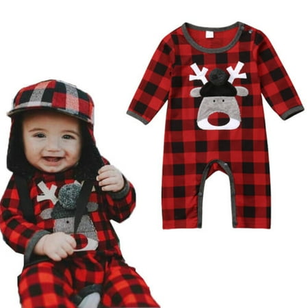 

Babys Christmas One-piece Romper Long Sleeve Snap Button Crotch Design Red and Black Checked Bodysuit