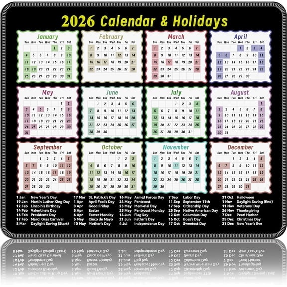 2026 Calendar Mouse Pad 9.8” x 11.8” Waterproof Non-Slip Office Desk Pad With Full Holiday Dates