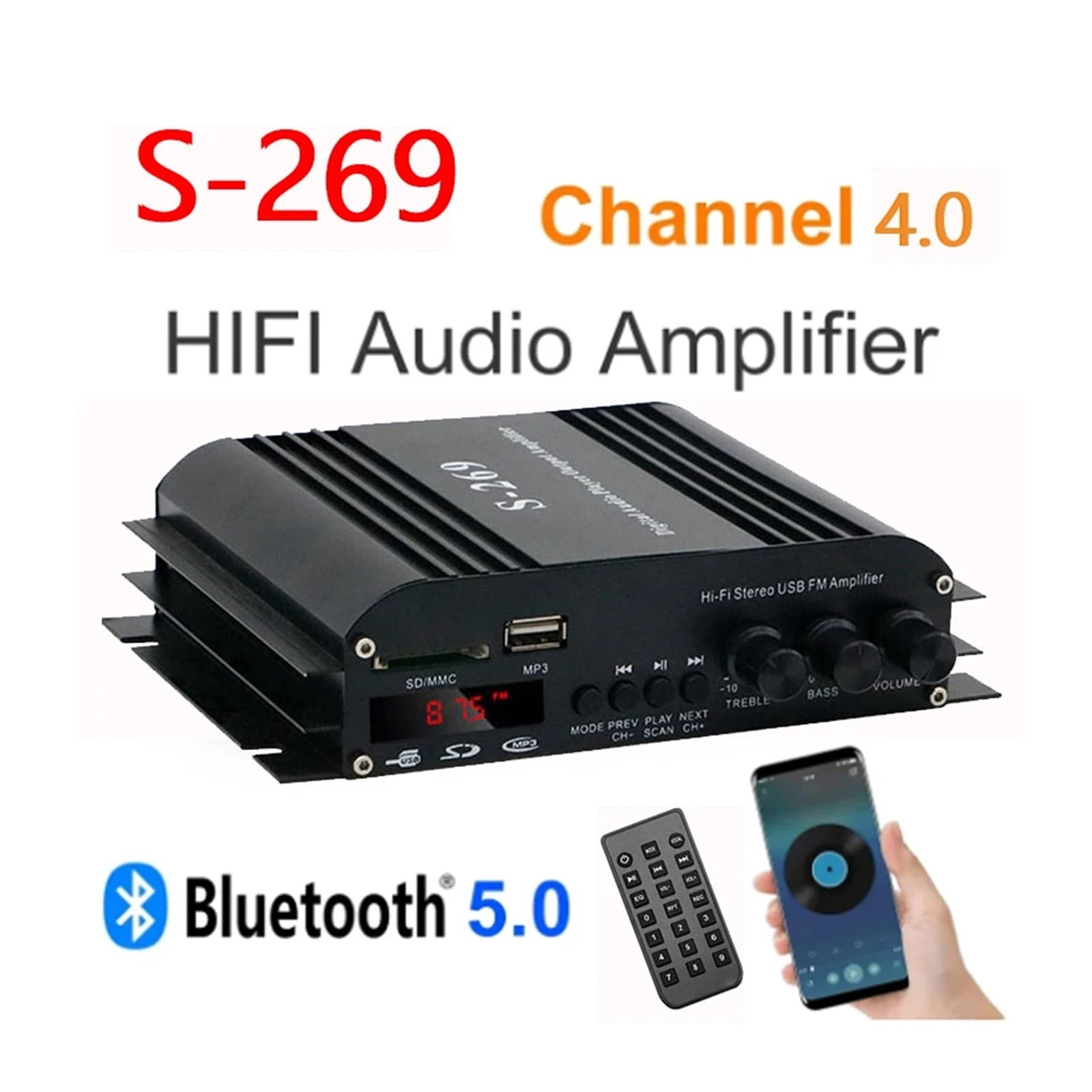 S-269 12V Mini Amplifiers For Car Digital Sound Amplifier For Home Car Channel 4.0 Power AMP Support Treble Bass