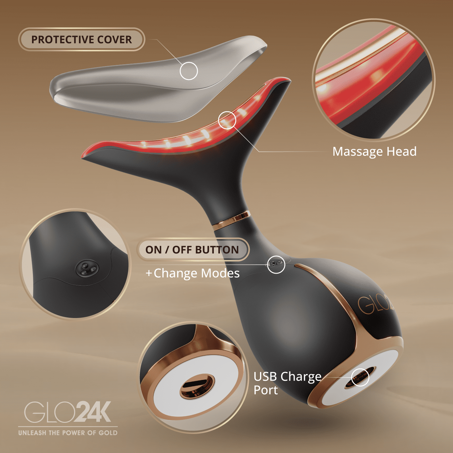 GLO24K 3-in-1 LED Light Therapy Face & Neck Massager, Anti-Aging Skin Tightening Device with Red Light, Vibration & Thermal Technology for Wrinkles, Firming & Radiant Skin