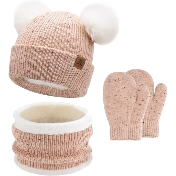 Kids Winter Hat Gloves Scarf Set, Girls Boys Toddler Children Hats Beanie with Pom Knit Neck Warmer Gaiter Mittens Lined Set - Age 0-4