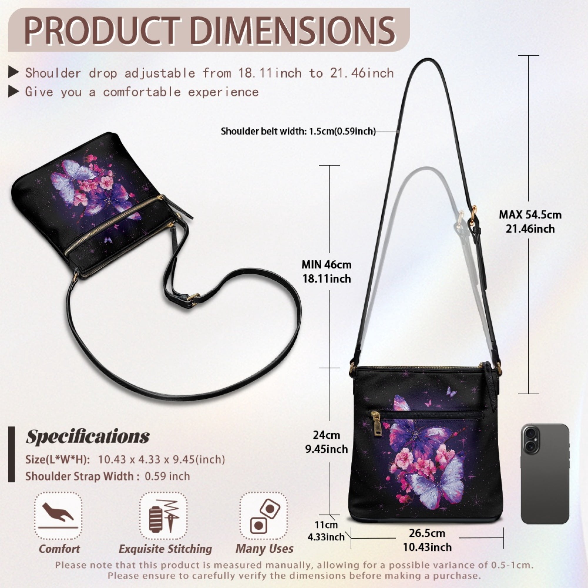 Kuiaobaty Butterfly Cherry Blossom Print Crossbody Bag for Women, Large Capacity Vegan Leather Shoulder Purse with Adjustable Strap, Waterproof Sling Handbag Crossbody for Travel