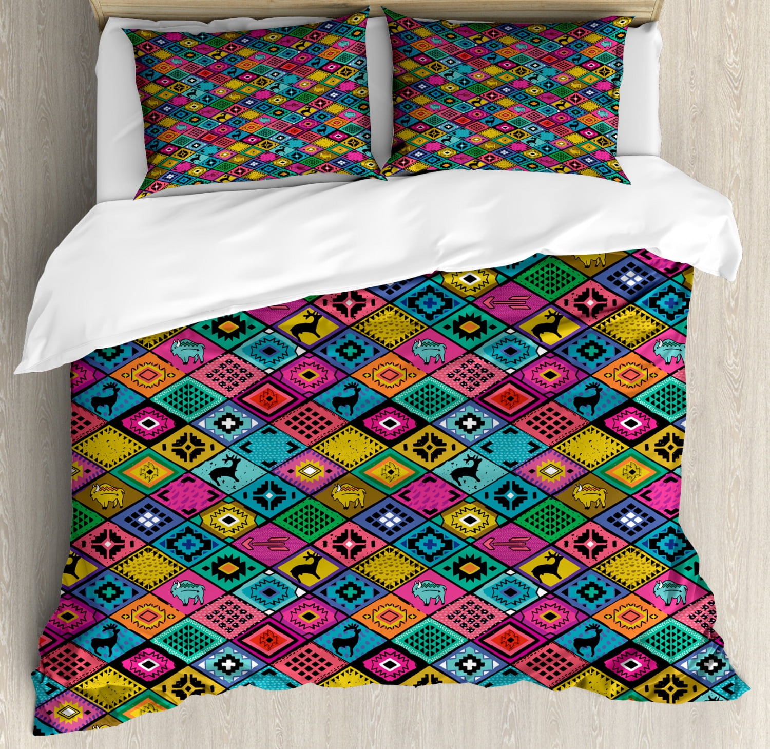 Southwestern King Size Duvet Cover Set, Patchwork Style Pattern in Hand