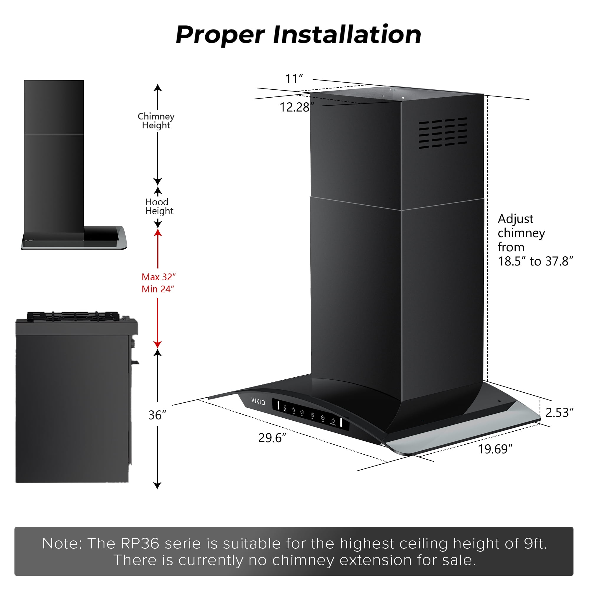 VIKIO 30 inch Wall Mount Range Hood, Stainless Steel and Glass, 800 CFM, 3-Speed, Ducted, Gesture Sensing Control&Touch Pad, Black