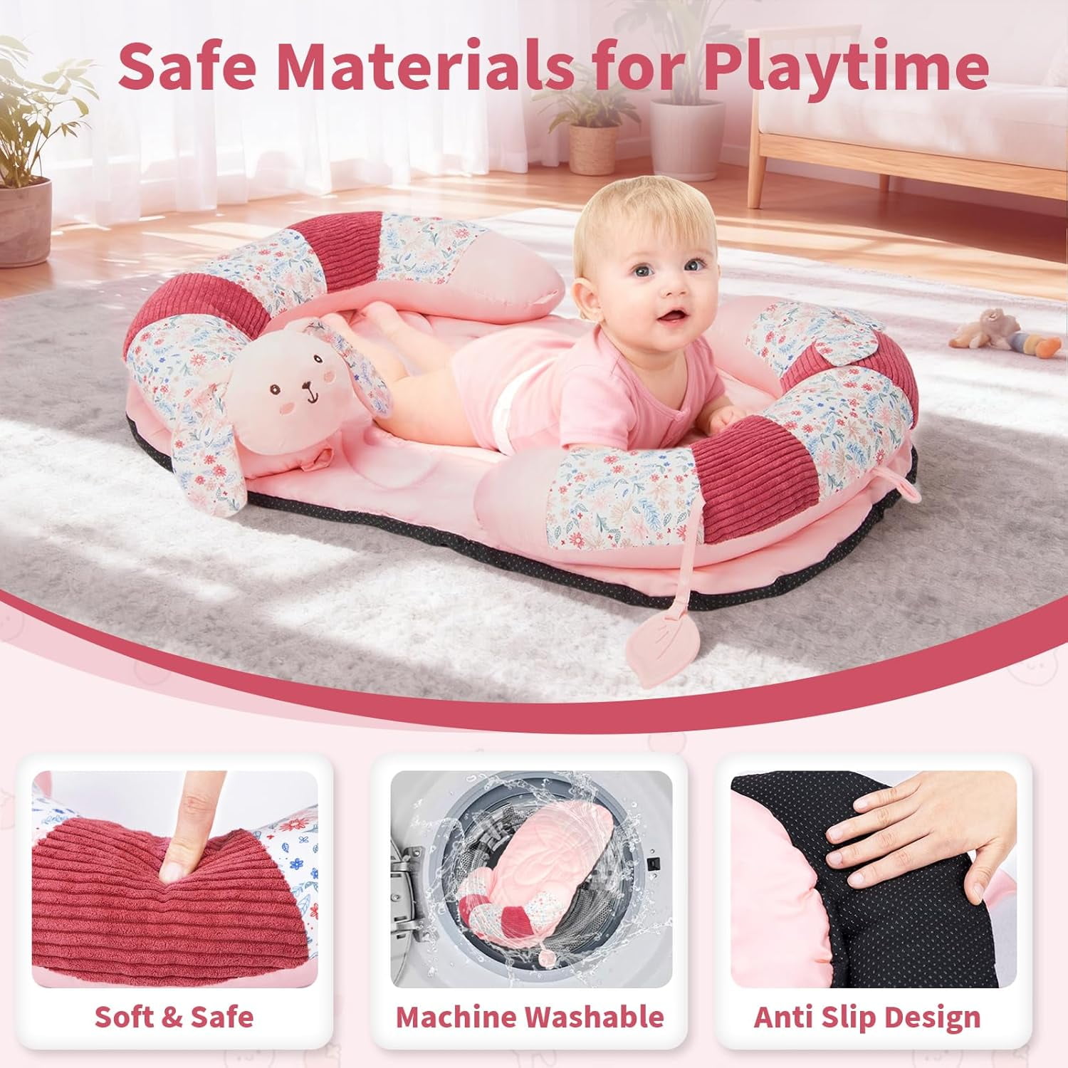 2in1 Tummy Time & Seat Support Baby Play Mat with 5 Sensory Toys, Baby Floor Seat for Sitting, Soft, Supportive, Essentials Development Gifts for Newborn Infant