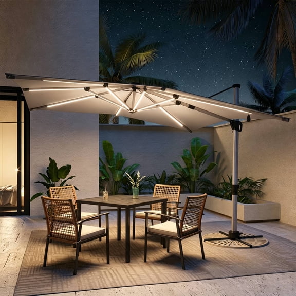KAMEROUT Outdoor Patio Umbrella with Solar Lights, 10 FT Large Cantilever Windproof Offset Patio Umbrellas for Garden, Deck, Lawn, Pool, Backyard, Gray