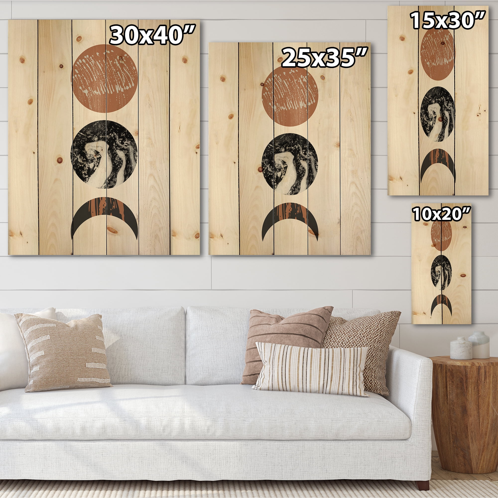 Designart 'Retro Shapes Abstract Moons and Suns' Modern Print on Natural Pine Wood