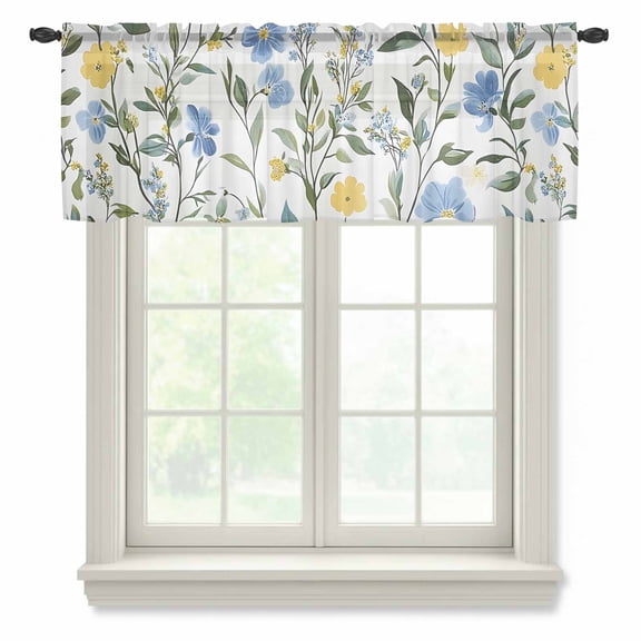 Blue Yellow Floral Spring Valance Curtains for Kitchen/Living Room/Bathroom/Bedroom Window,Rod Pocket Small Topper Half Short Window Curtains Voile Sheer Scarf,Summer Botanical Pastoral Green 60"x18"